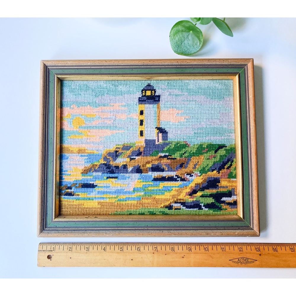 Vintage Framed Lighthouse Needlepoint 1976 Coastal Beach Cottage Wall Decor - Picture 7 of 11